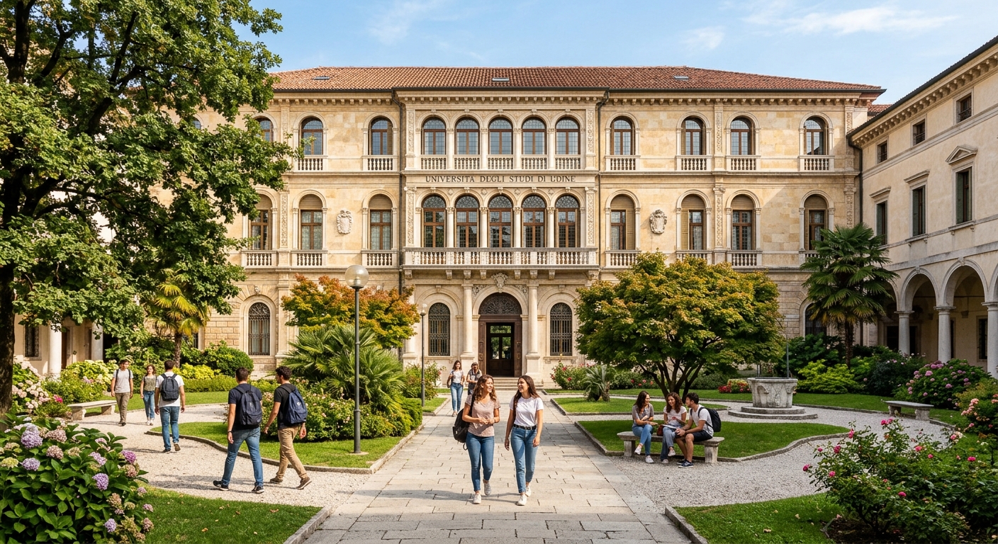 University of Udine main campus building, elegant Italian architecture with arched windows, students walking through courtyard, lush green gardens, sunny day in Friuli