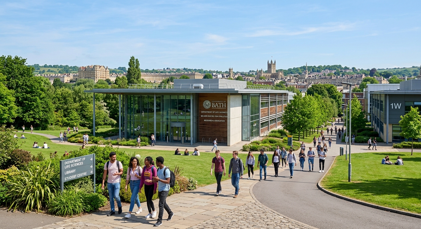 University of Bath campus with modern science buildings, green parkland surroundings, students walking near the Department of Life Sciences, with the distinctive Bath skyline in the background under clear skies