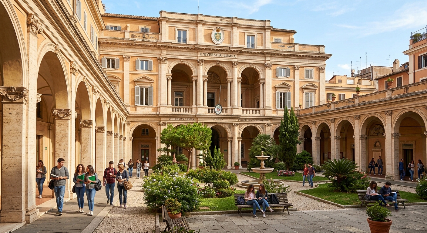 Historic LUMSA University campus building in the Prati district of Rome, Italy, with classical Italian architecture, students walking through arched corridors, warm Mediterranean sunlight, and green courtyard