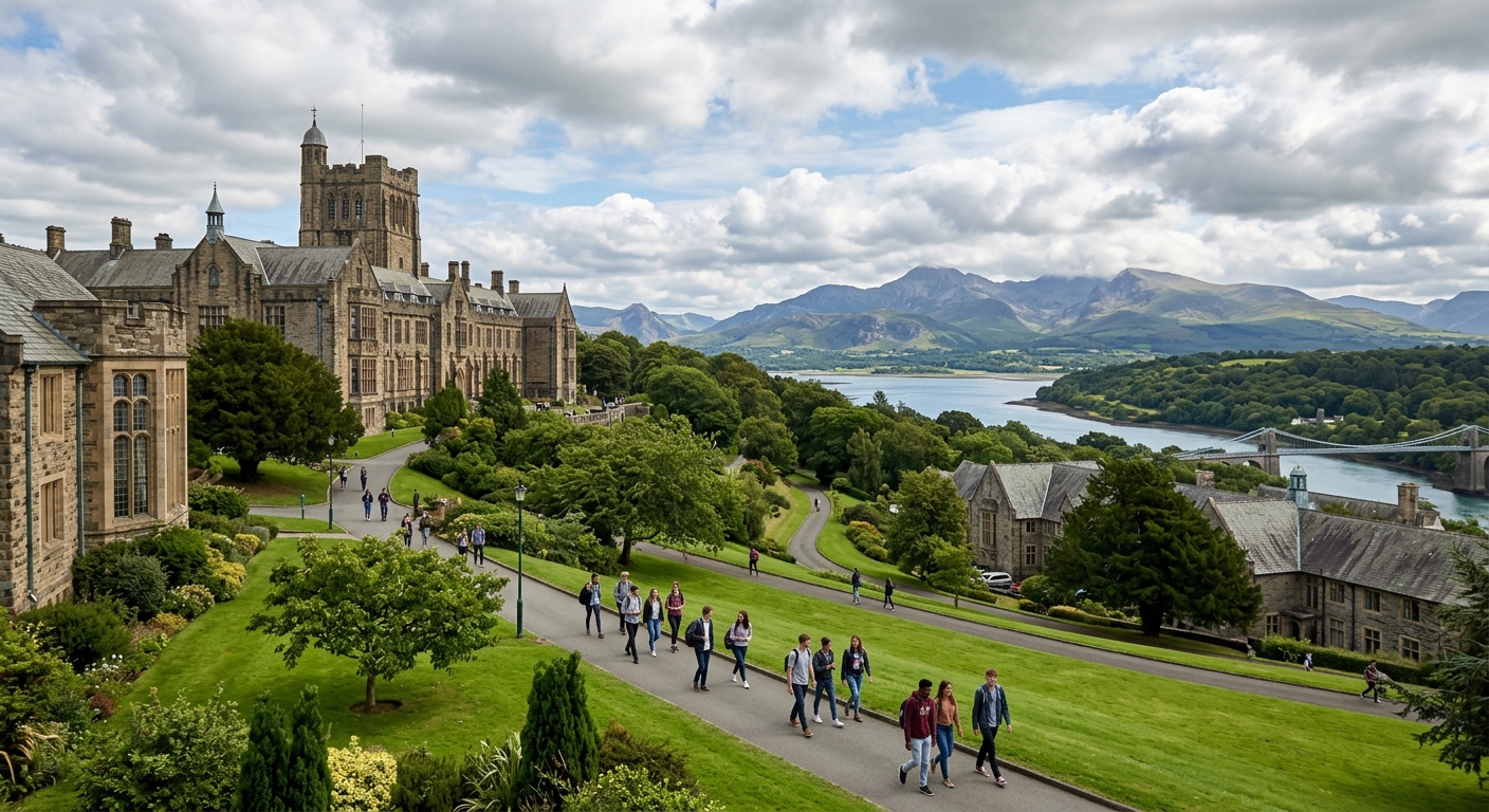 Historic Bangor University campus buildings with the Snowdonia mountains and Menai Strait visible in the background, students walking through green grounds under a partly cloudy Welsh sky