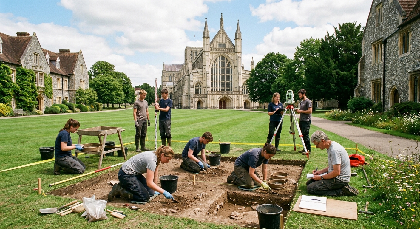 University of Winchester historic campus with green lawns, medieval cathedral visible in background, archaeology students working on an outdoor excavation site with trowels and survey equipment, sunny English countryside setting