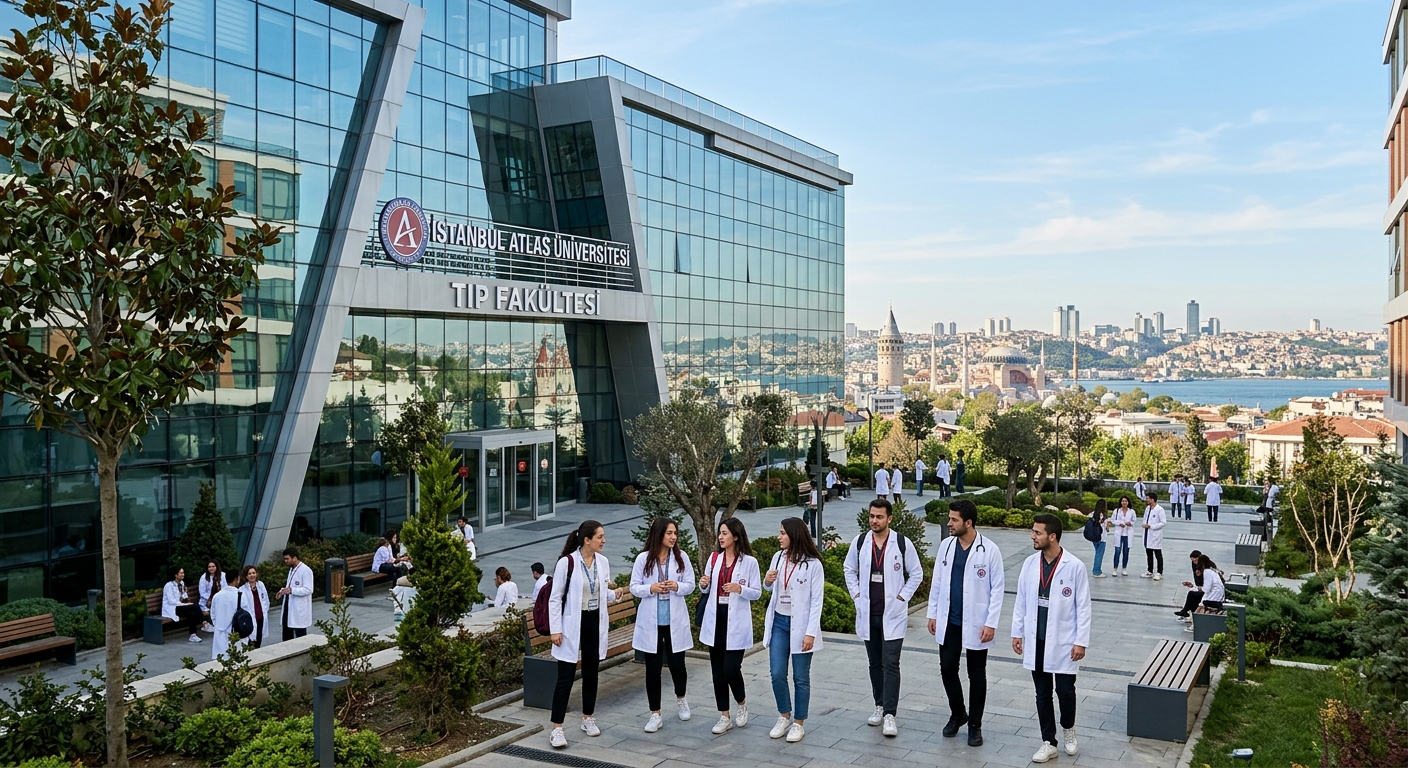 Modern Istanbul Atlas University medical campus building with glass facade, medical students in white coats walking through courtyard, Istanbul cityscape in background, bright daylight