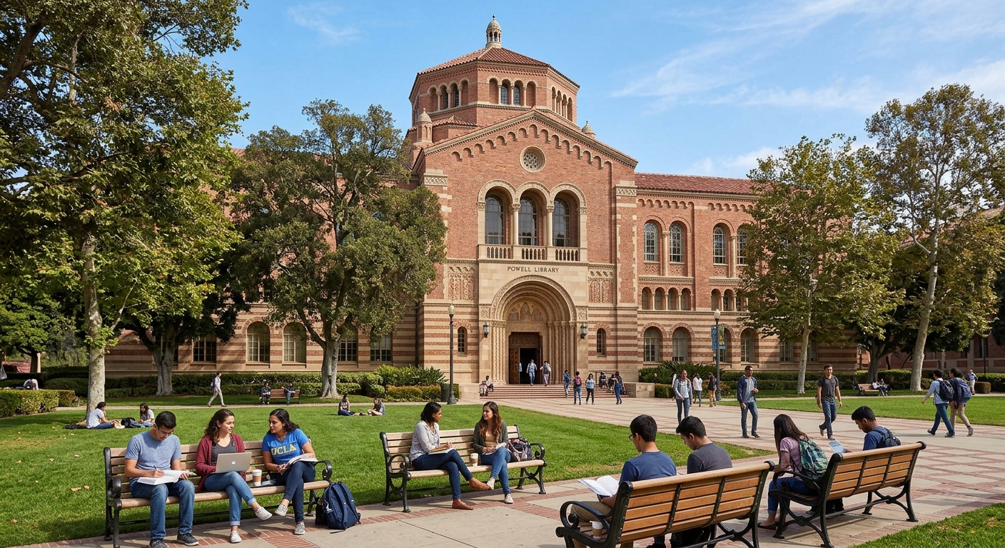 Powell Library at UCLA, a beautiful brick building with arched windows and ornate detailing, surrounded by green lawns and mature trees, students studying on outdoor benches