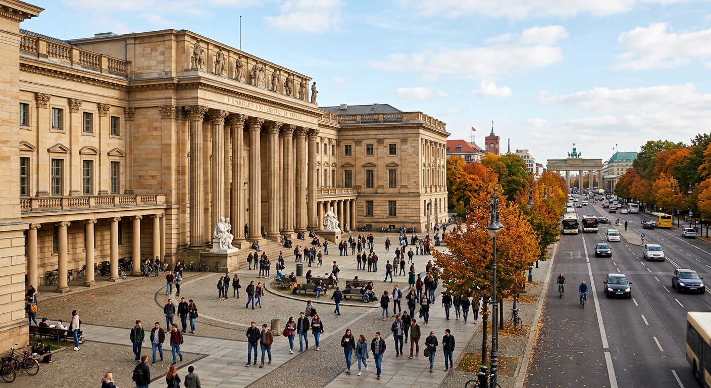 Historic Humboldt University of Berlin main building on Unter den Linden boulevard, neoclassical architecture with columns, students walking through courtyard, autumn trees lining the street, Berlin cityscape in background