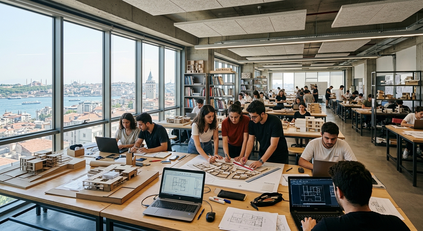 Modern interior architecture design studio at Beykent University Istanbul, students working on spatial models and CAD drawings, large open workspace with natural light, architectural models on tables, Istanbul skyline visible through windows