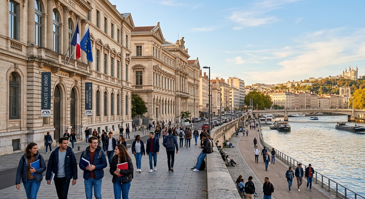 Historic Faculty of Law building at Jean Moulin Lyon 3 University along the Rhone river quay, classical French architecture with students walking on campus, Lyon cityscape in background with warm sunlight
