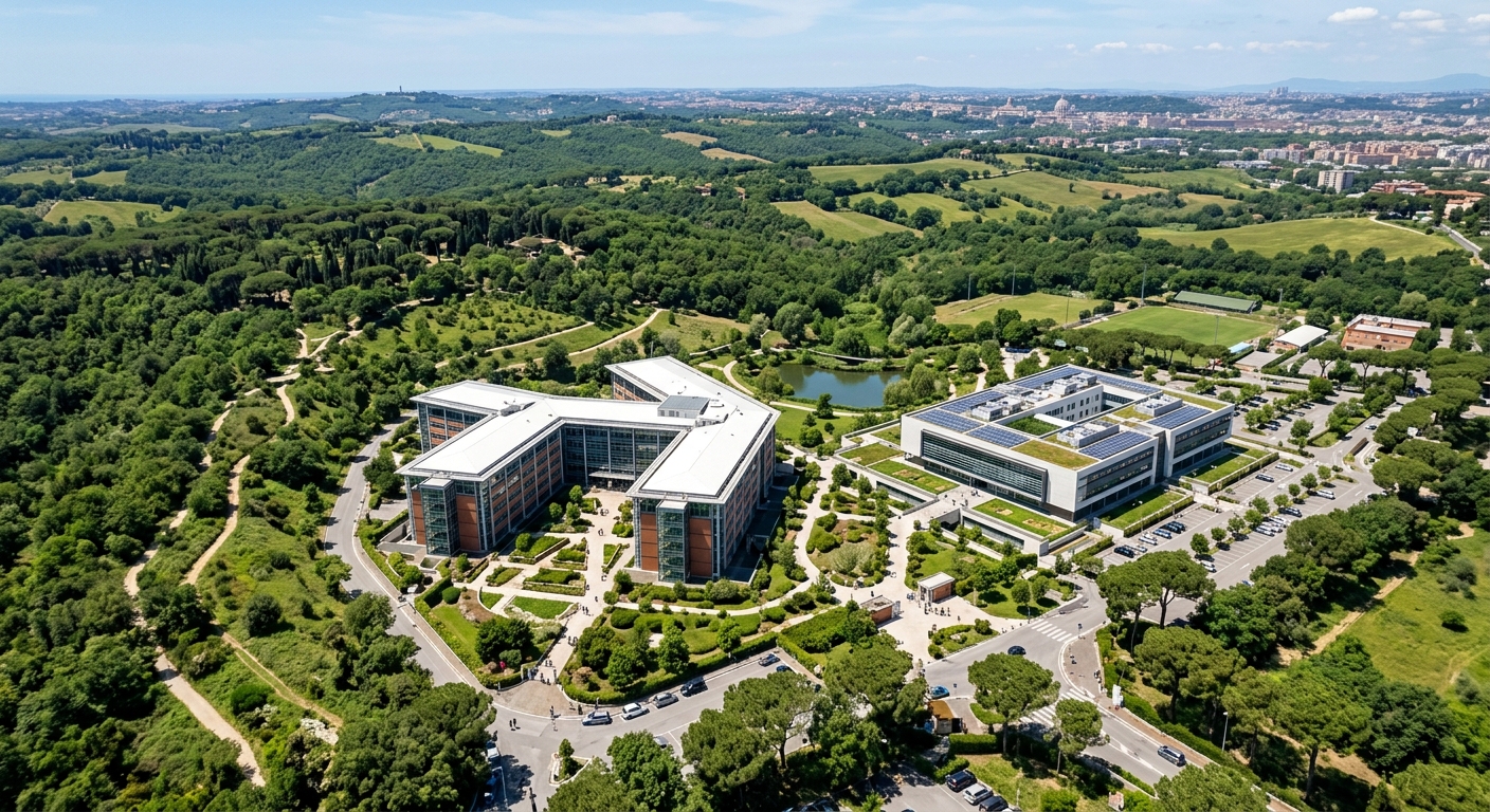 Aerial view of Università Campus Bio-Medico di Roma Trigoria campus, modern Trapezio building and PRABB research center surrounded by green parkland of the Decima-Malafede Nature Reserve, Rome, Italy, sunny Mediterranean day