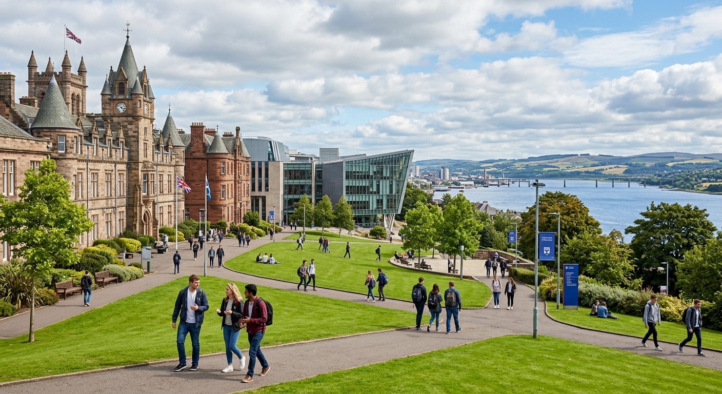 University of Dundee campus with historic stone buildings and modern architecture, overlooking the River Tay in Scotland, students walking across green courtyard under partly cloudy sky