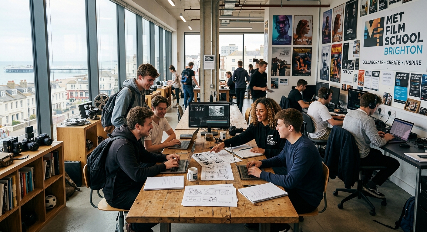 Modern creative workspace at Met Film School Brighton campus, students collaborating around tables with laptops and storyboards, large windows with natural light, film posters and creative industry materials on walls