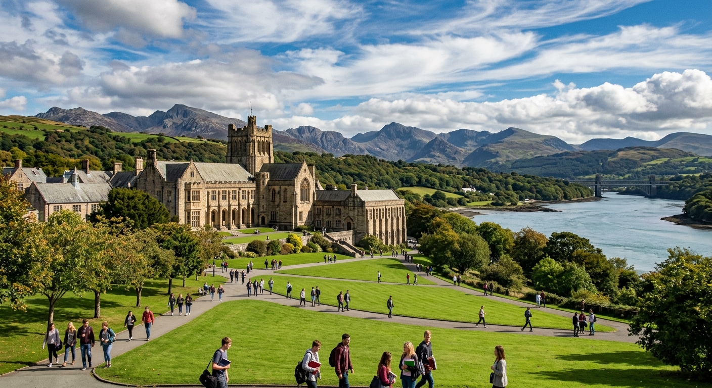 Bangor University campus with historic stone buildings nestled between Snowdonia mountains and the Menai Strait, students walking across green lawns, dramatic Welsh landscape with blue sky