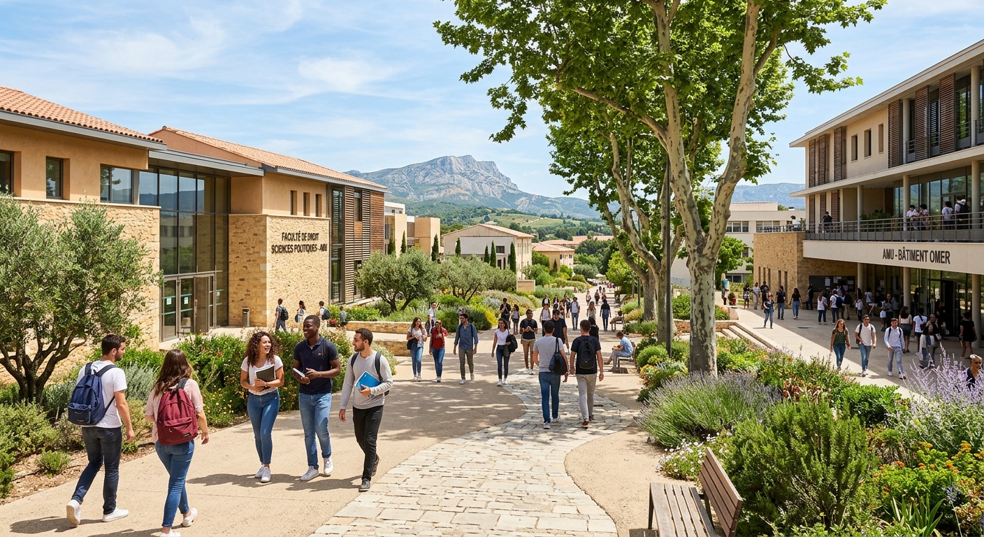 Modern university campus at Aix-en-Provence with Mediterranean architecture, students walking between faculty buildings, sunny Provencal landscape with plane trees and stone pathways