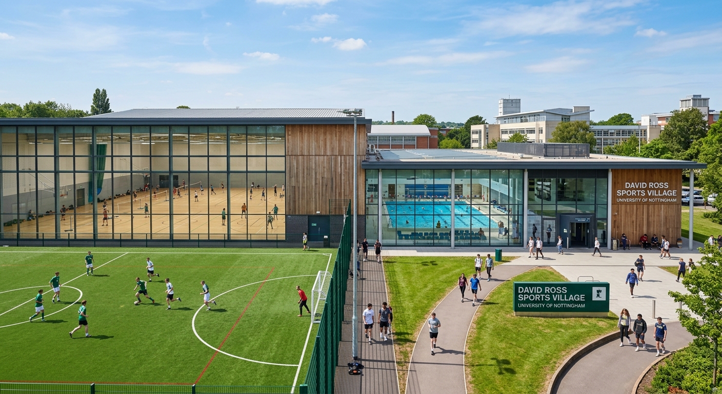David Ross Sports Village at University of Nottingham with modern indoor sports hall, swimming pool complex, and outdoor pitches, students exercising
