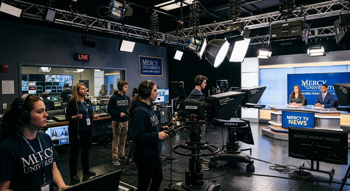 Television production studio at Mercy University Dobbs Ferry campus with professional cameras, lighting rigs, and students operating multi-camera equipment during a live studio production session