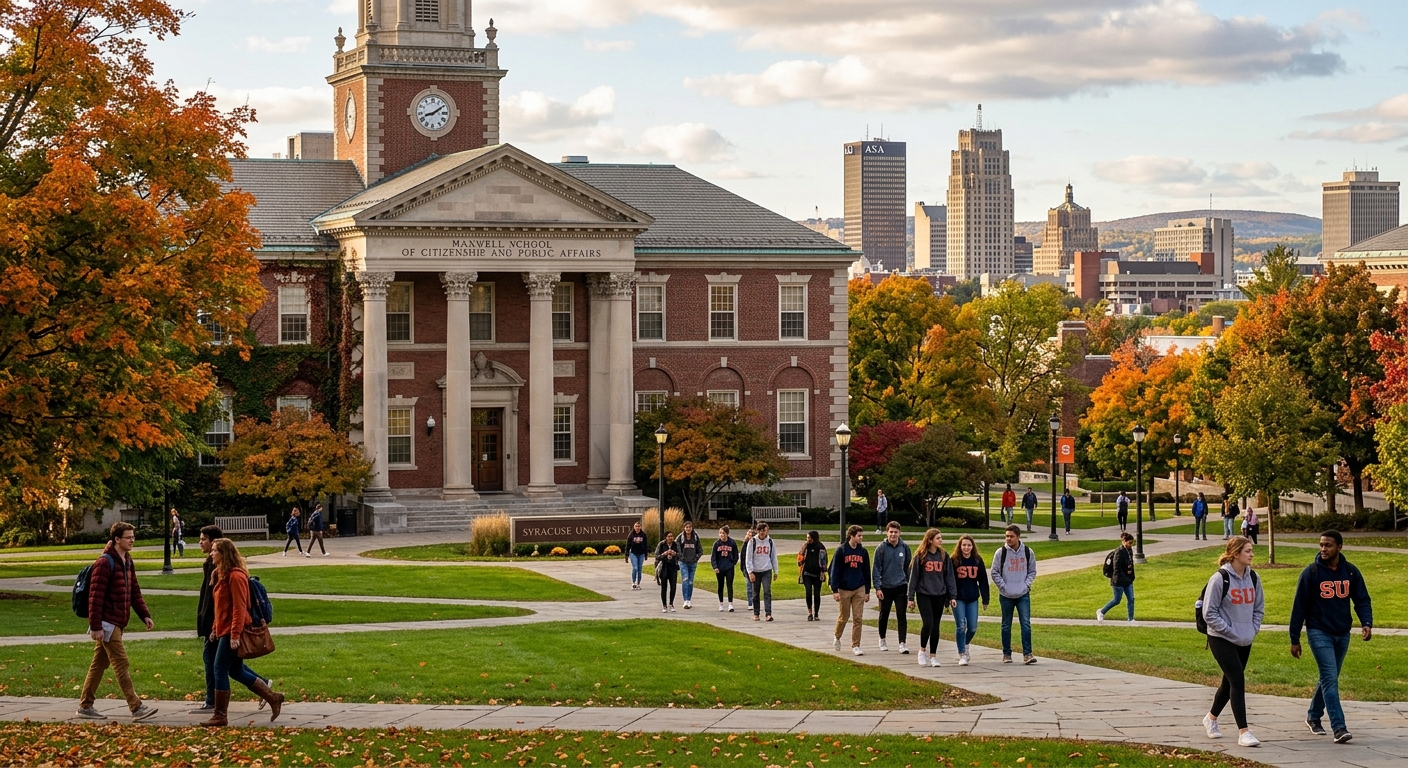 Syracuse University Maxwell School of Citizenship and Public Affairs, historic stone building with columns on a green campus quad, students walking between classes under autumn trees, Syracuse New York skyline in background