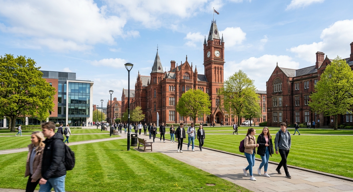 University of Liverpool redbrick campus buildings with the Victoria Gallery and Museum in the background, green lawns in the foreground, students walking between modern and historic faculty buildings on a bright day in Liverpool, United Kingdom