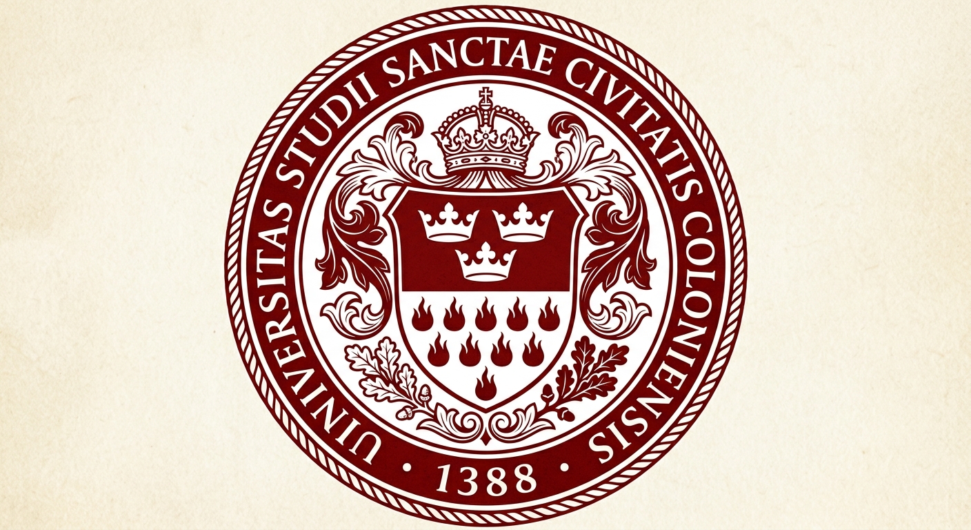 University of Cologne official logo, circular seal with Latin text universitas studii sanctae civitatis coloniensis, traditional academic crest in dark red and white