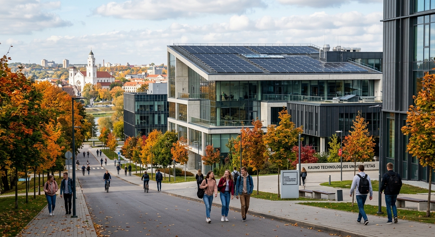 Modern university campus building at Kaunas University of Technology with solar panels on the roof, students walking on tree-lined pathways, contemporary glass and concrete architecture, Lithuanian cityscape in the background, autumn foliage