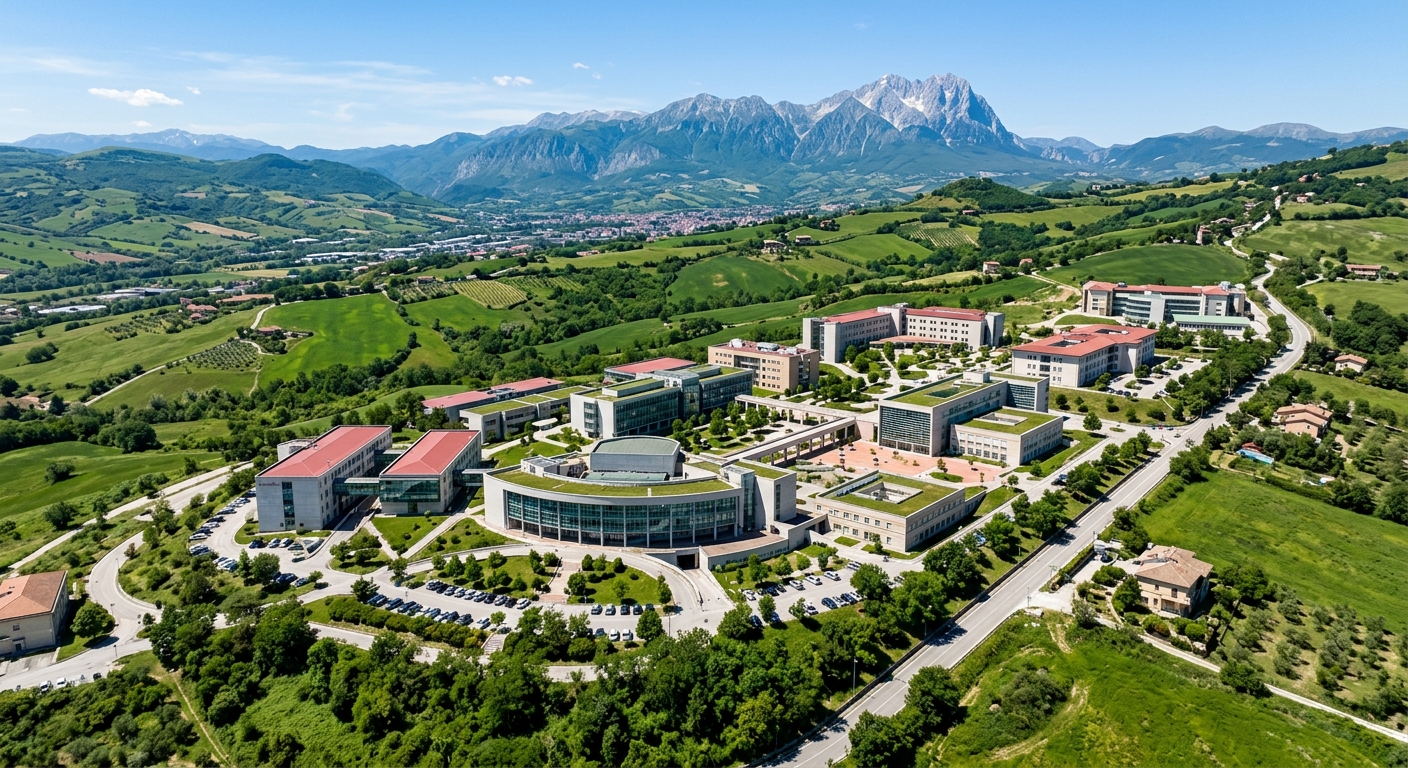 Aerial view of University of Teramo Coste Sant'Agostino campus, modern university buildings surrounded by green hills of Abruzzo region, with the Gran Sasso mountains in the background and clear blue sky