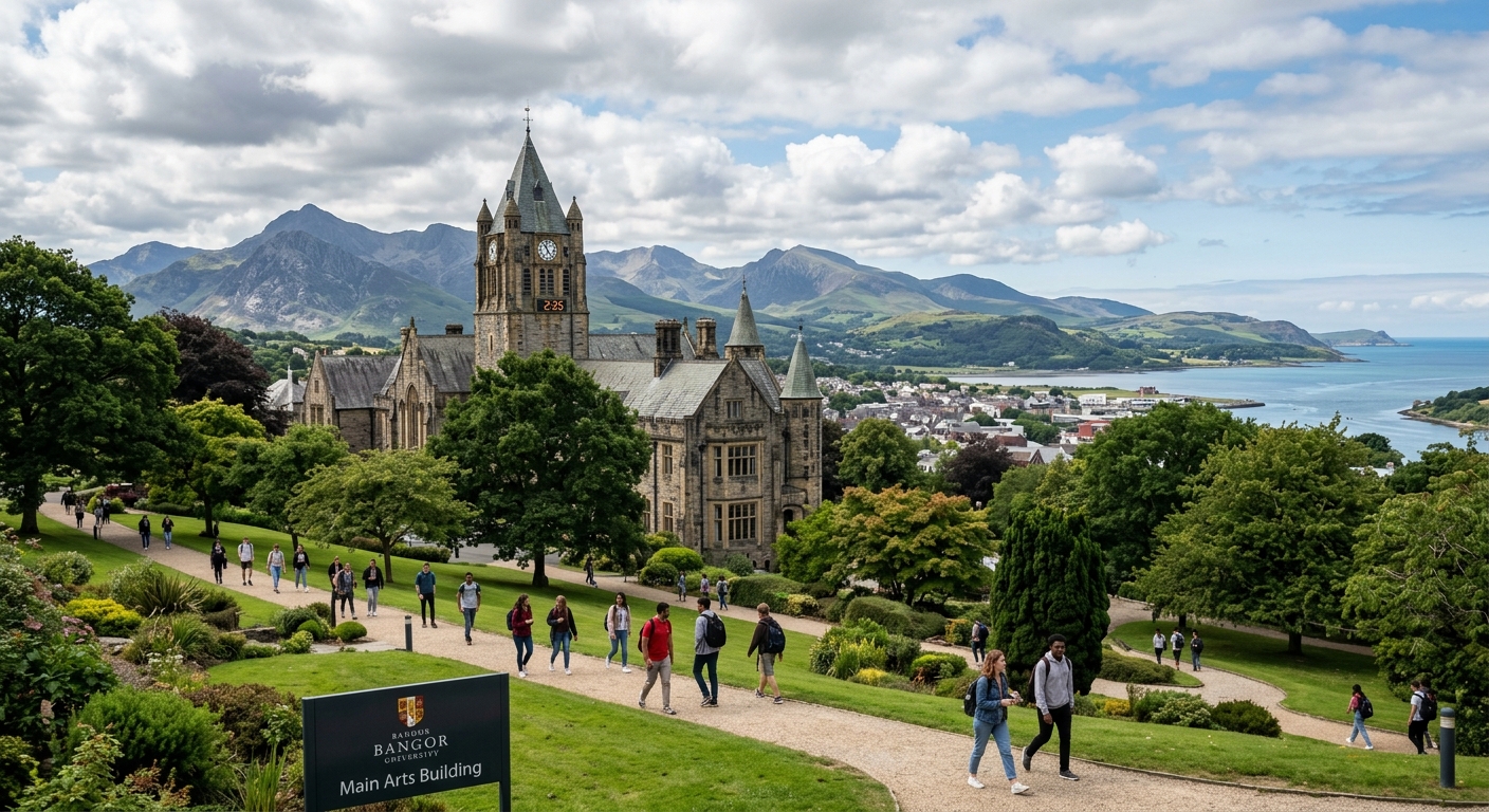 Bangor University historic Main Arts building with clock tower set against the backdrop of Snowdonia mountains, lush green campus with students walking along pathways, dramatic Welsh landscape with mountains and sea in the distance
