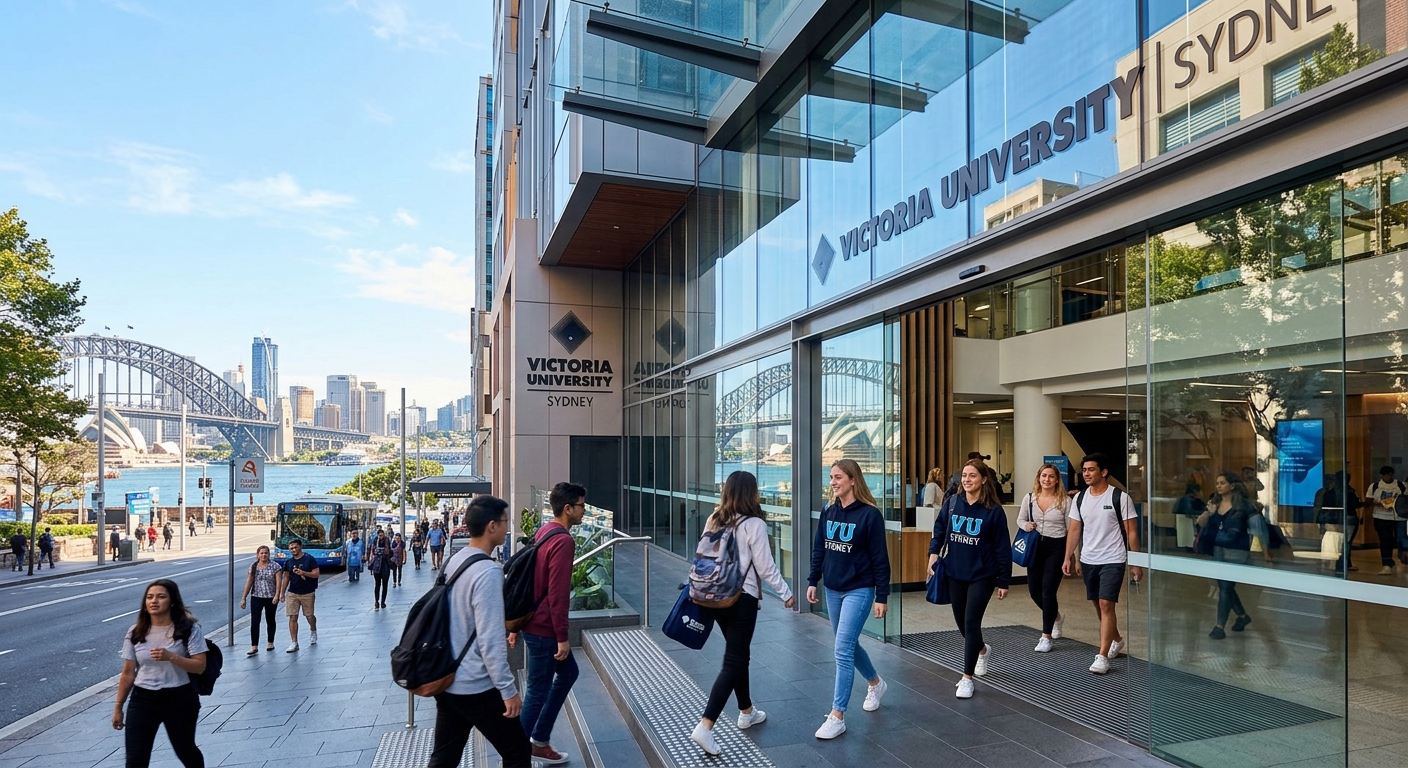 Modern Victoria University Sydney campus building in central Sydney, students walking through glass-fronted entrance, Australian cityscape with harbour views in background, bright sunny day