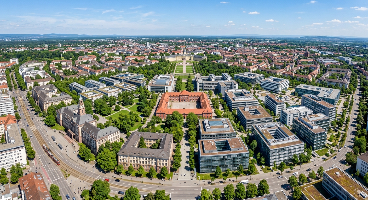 Aerial view of Karlsruhe Institute of Technology main campus with historic Kaiserstrasse buildings, green courtyards, modern research facilities, and the fan-shaped city of Karlsruhe in the background under clear blue sky