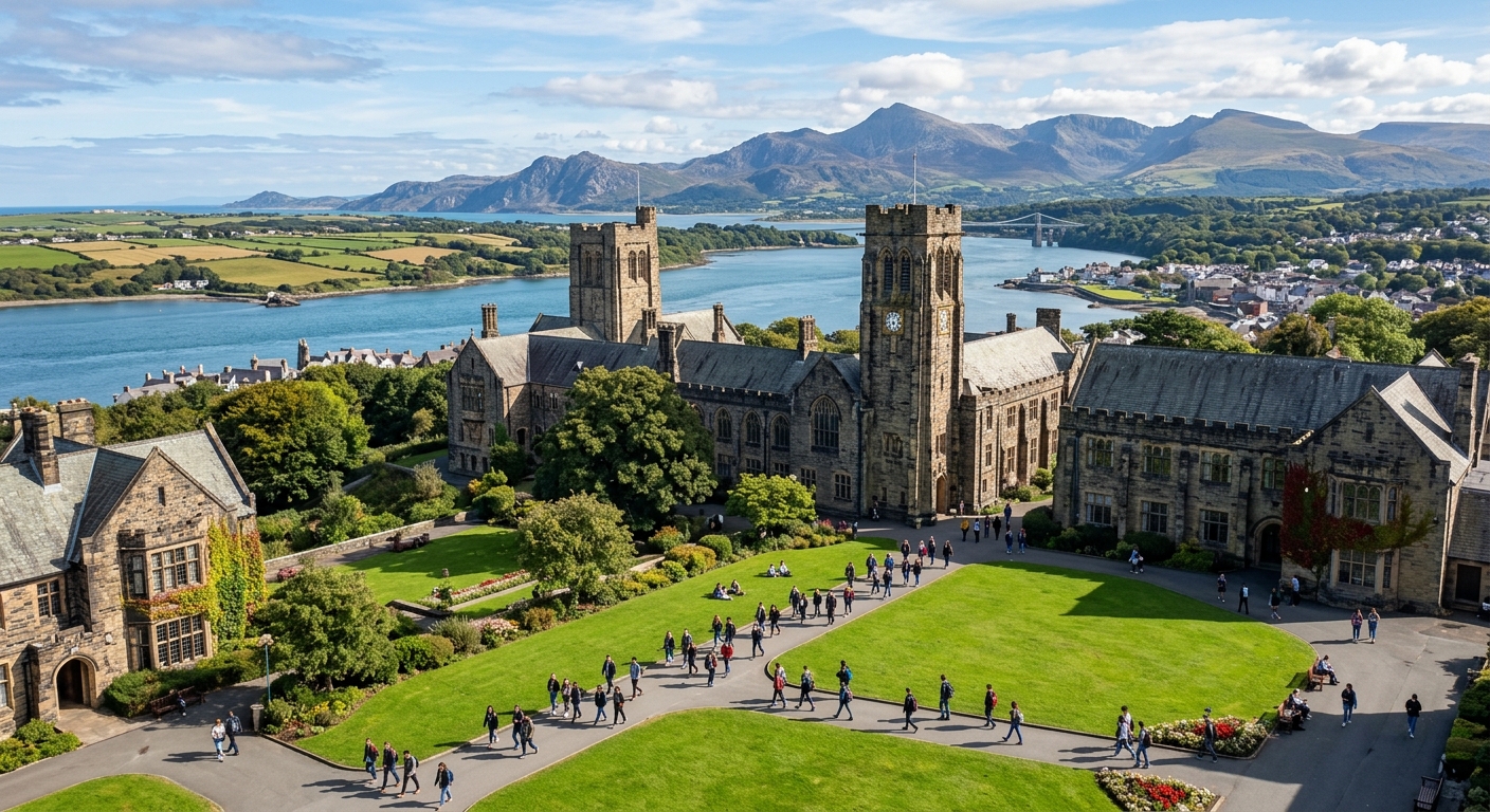 Bangor University campus with historic buildings nestled between Snowdonia mountains and the Menai Strait, students walking across green quad, North Wales coastal landscape in background