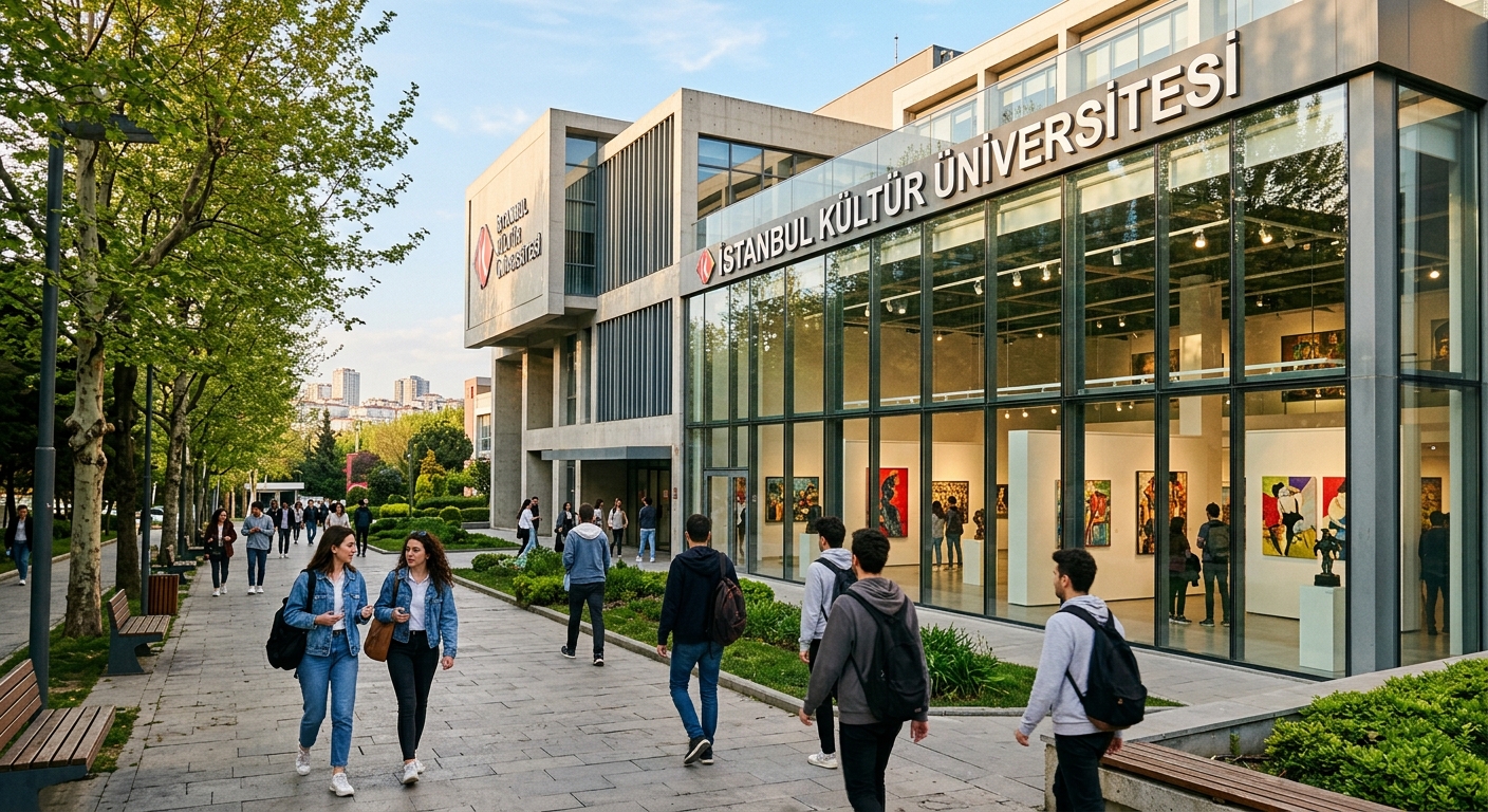 Istanbul Kültür University campus building with modern architecture, art gallery interior visible through glass facade, students walking on tree-lined pathways in Istanbul, warm Mediterranean light