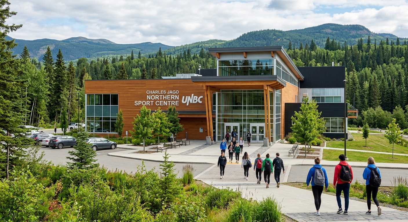 Charles Jago Northern Sport Centre at UNBC, modern athletic facility exterior, students entering, green landscaping, northern British Columbia setting