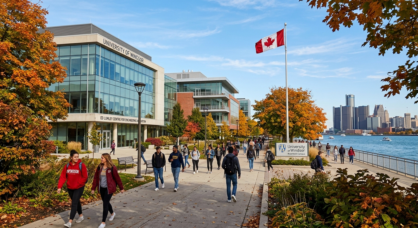 University of Windsor campus with modern academic buildings along the Detroit River waterfront, students walking on tree-lined pathways, Canadian flag visible, bright autumn day with blue sky
