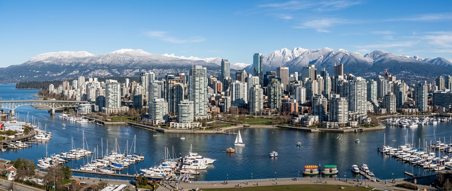 Vancouver skyline panorama with snow-capped North Shore mountains, False Creek waterfront, modern glass high-rises, Yaletown neighborhood, clear blue sky with boats in harbor