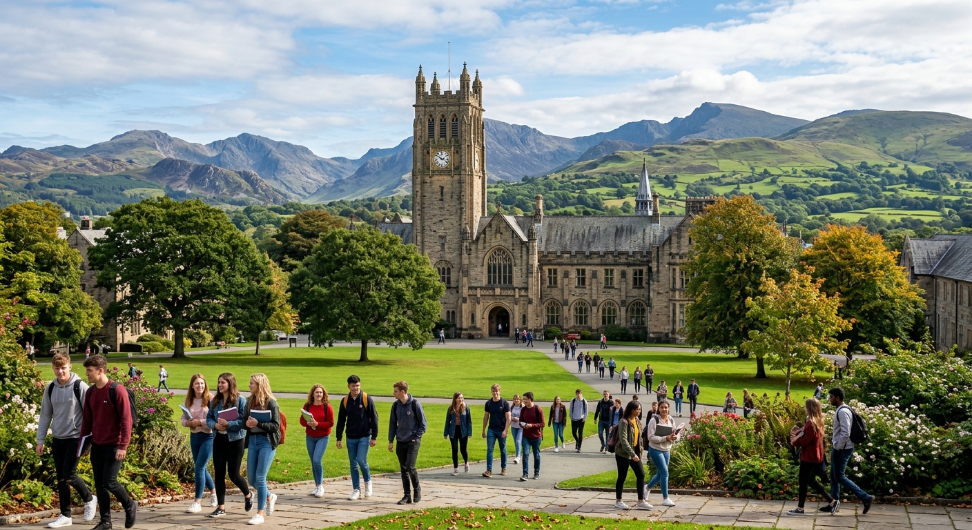 Bangor University historic main arts building with clock tower, set against the backdrop of Snowdonia mountains and lush green Welsh landscape, students walking across campus on a sunny day