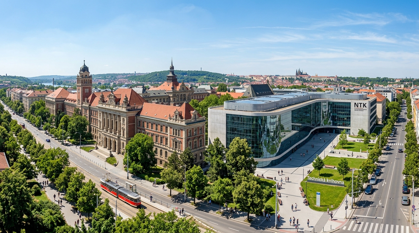 Czech Technical University in Prague Dejvice campus wide shot, historic faculty buildings with classical architecture, National Technical Library modern glass structure, tree-lined streets, clear sky over Prague