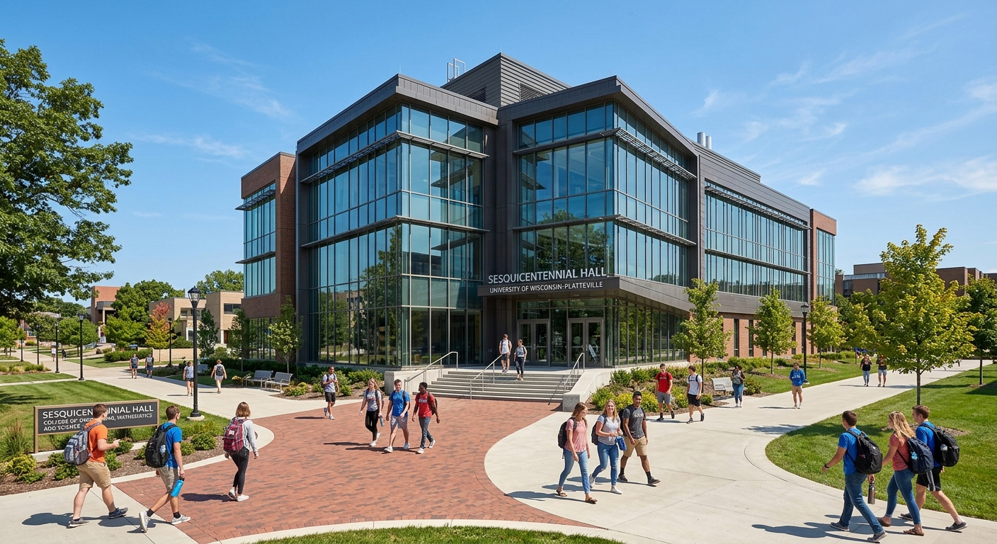 Sesquicentennial Hall at UW-Platteville, modern engineering building with large glass windows, students walking on pathways, clear blue sky