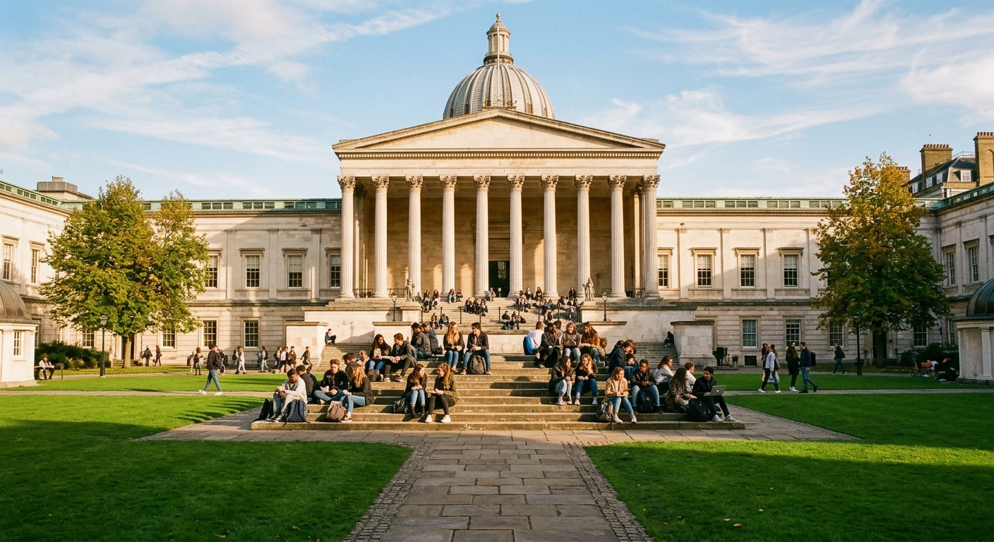 UCL Wilkins Building main quad with neoclassical columns and dome, students sitting on steps in warm afternoon light, green lawn in foreground, Bloomsbury London