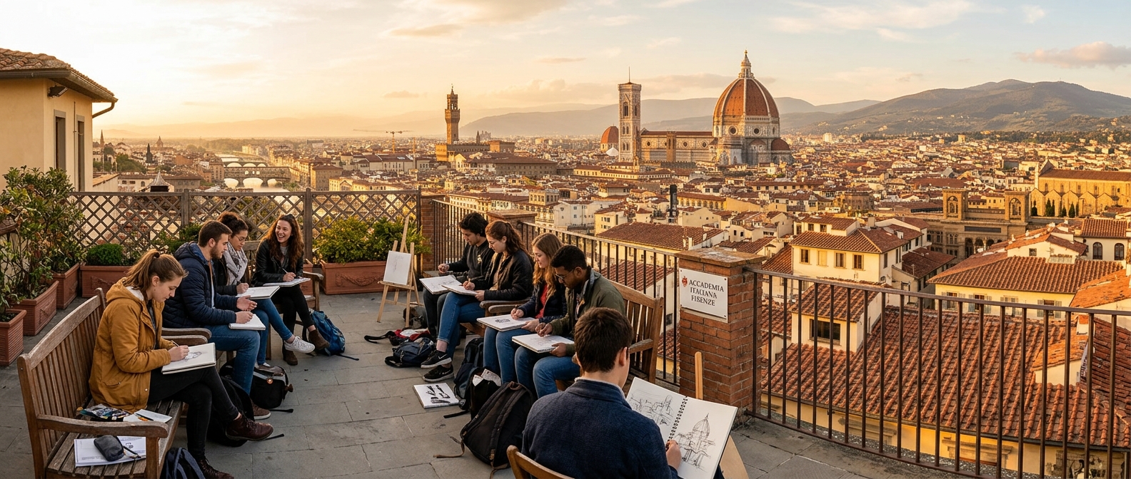 Panoramic rooftop terrace view from Accademia Italiana Florence campus, red terracotta rooftops of Florence stretching to the Duomo, students sketching on the terrace in golden afternoon light