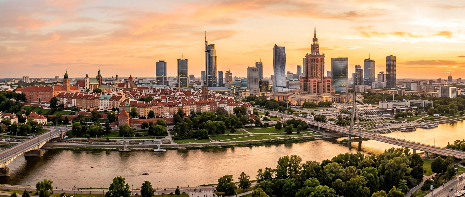 Warsaw city skyline panorama, modern glass skyscrapers alongside historic Old Town, Vistula River in foreground, golden hour light, green parks visible
