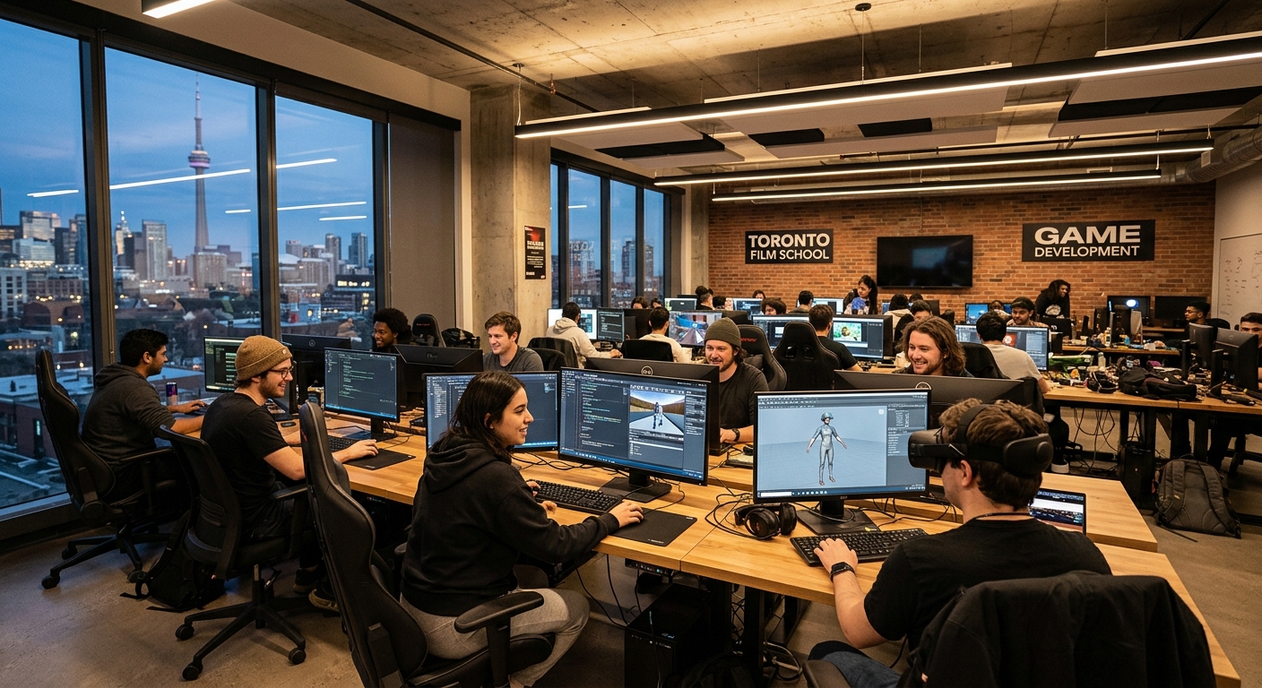 Modern game development studio classroom at Toronto Film School with students working on computers, multiple monitors displaying game engines and code, collaborative workspace with ambient lighting, downtown Toronto campus setting