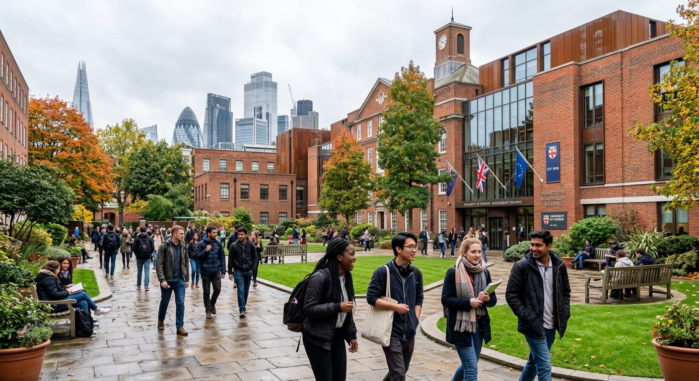 Modern university campus building in London with diverse students walking through courtyard, red brick architecture, green spaces, city skyline visible in background, bright overcast sky typical of London