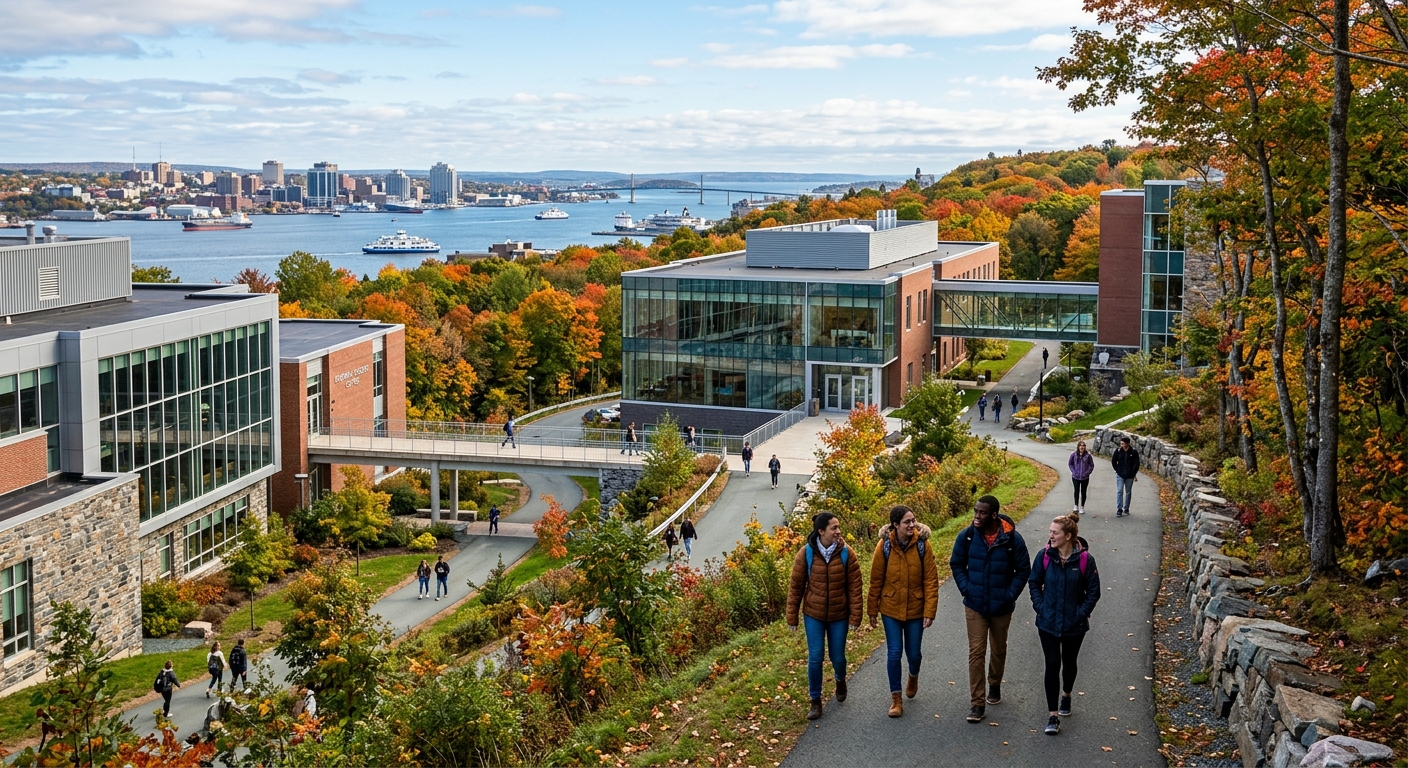 Mount Saint Vincent University campus overlooking Halifax harbour, modern academic buildings connected by walkways surrounded by wooded natural landscape, students walking on pathways in autumn, Nova Scotia Canada