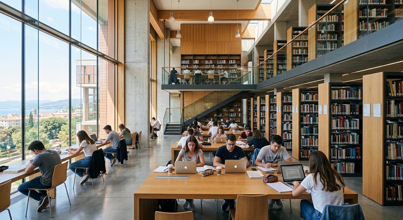 Modern university library interior at University of Trieste, students studying at desks, tall bookshelves, natural light streaming through large windows, contemporary design