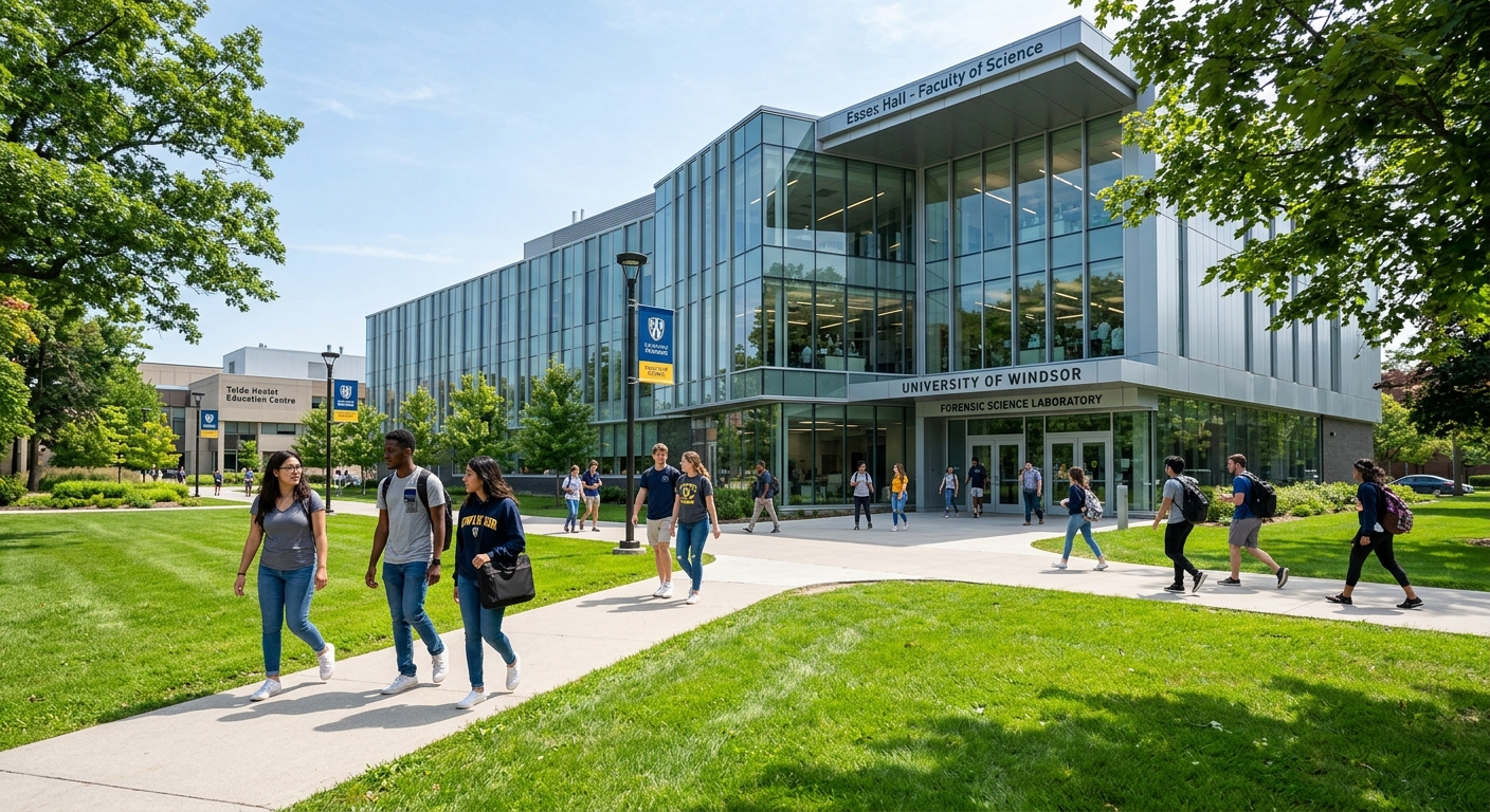 University of Windsor campus in Ontario Canada, modern science building with forensic laboratory, students walking near green lawn with trees, clear sky, academic setting