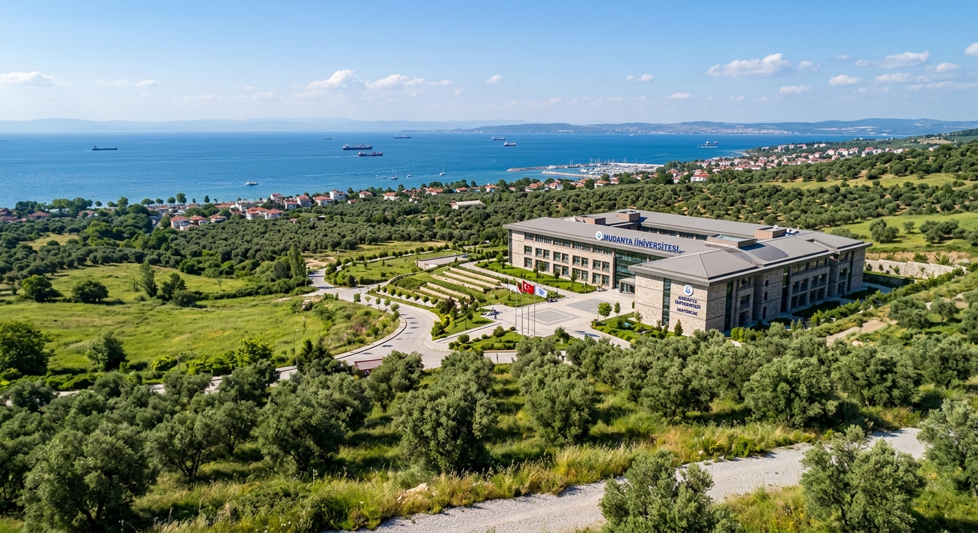 Mudanya University main campus building surrounded by lush green meadows and olive groves in Mudanya, Bursa, Turkey, with the Sea of Marmara visible in the background under a clear blue sky