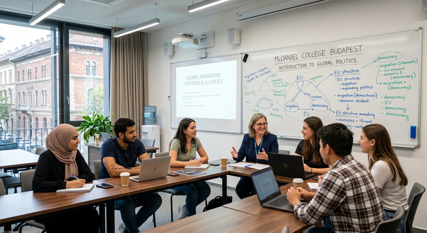 Modern classroom interior at McDaniel College Budapest, small group of international students engaged in discussion with professor, whiteboard and projector visible