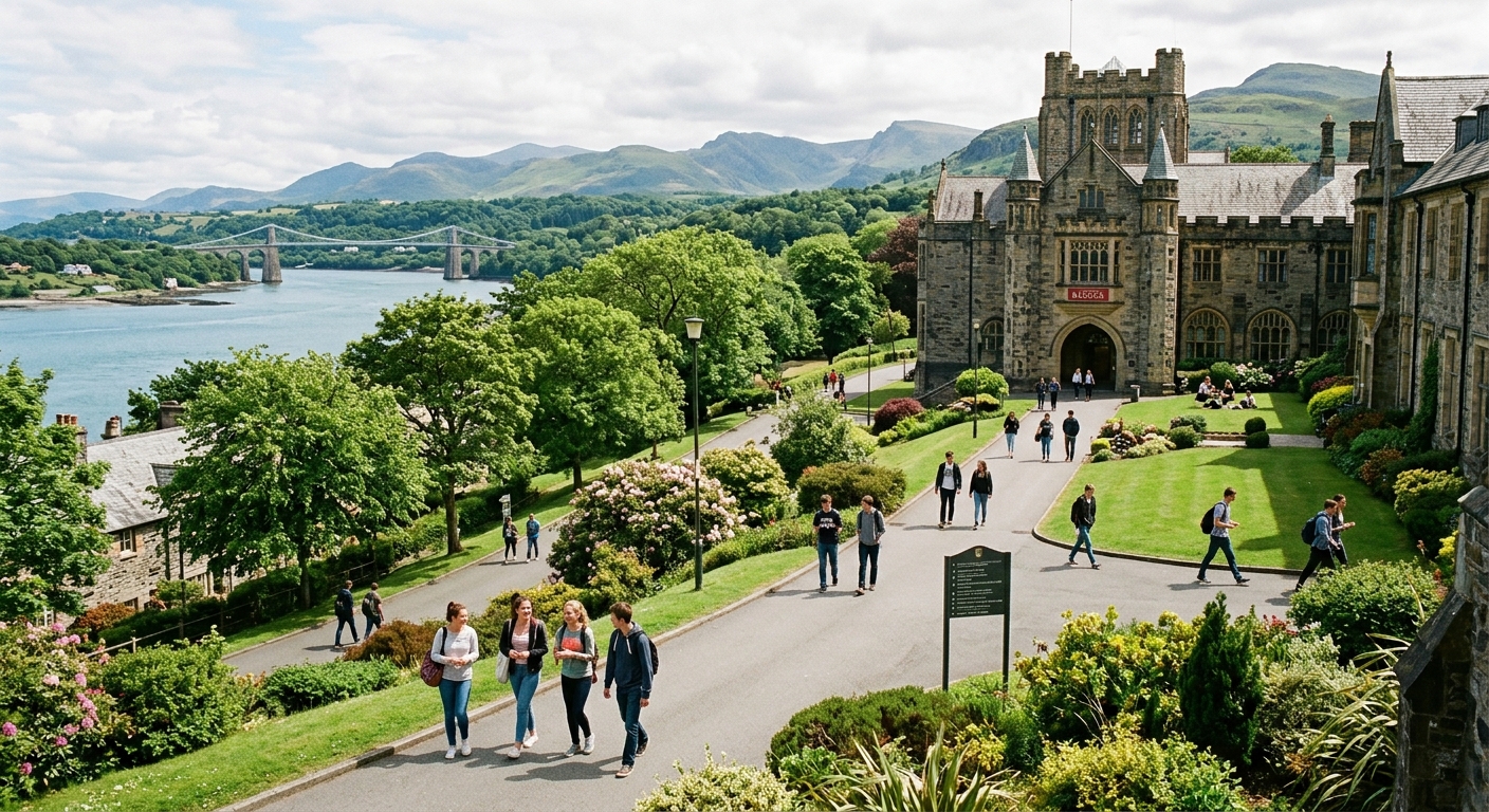 Bangor University campus in North Wales with historic stone buildings, green hills of Snowdonia in the background, Menai Strait visible, students walking on pathways surrounded by lush vegetation