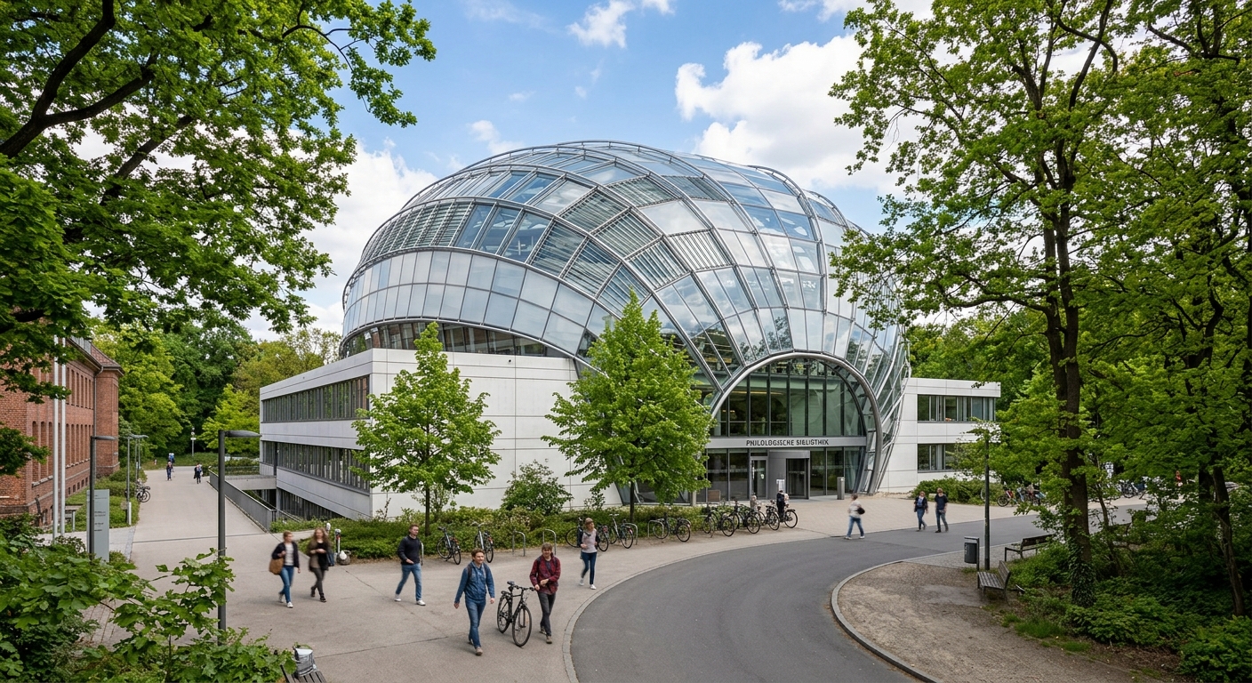 The iconic Philological Library at Free University of Berlin, a brain-shaped dome structure designed by Norman Foster, with modern glass and steel architecture surrounded by trees