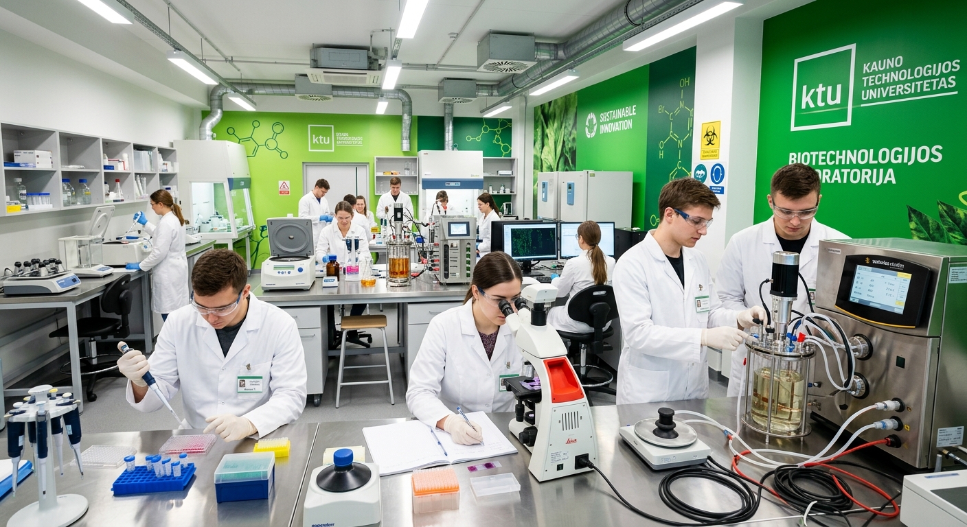 Modern biotechnology laboratory at Kaunas University of Technology with students in lab coats working with bioreactors, microscopes, and bioprocess equipment, bright fluorescent lighting and green accent walls reflecting sustainability themes