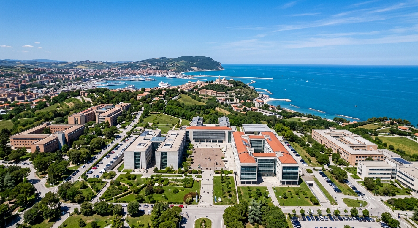 Aerial view of Marche Polytechnic University campus in Ancona Italy with modern faculty buildings, green spaces, and the Adriatic Sea coastline in the background under a clear blue sky