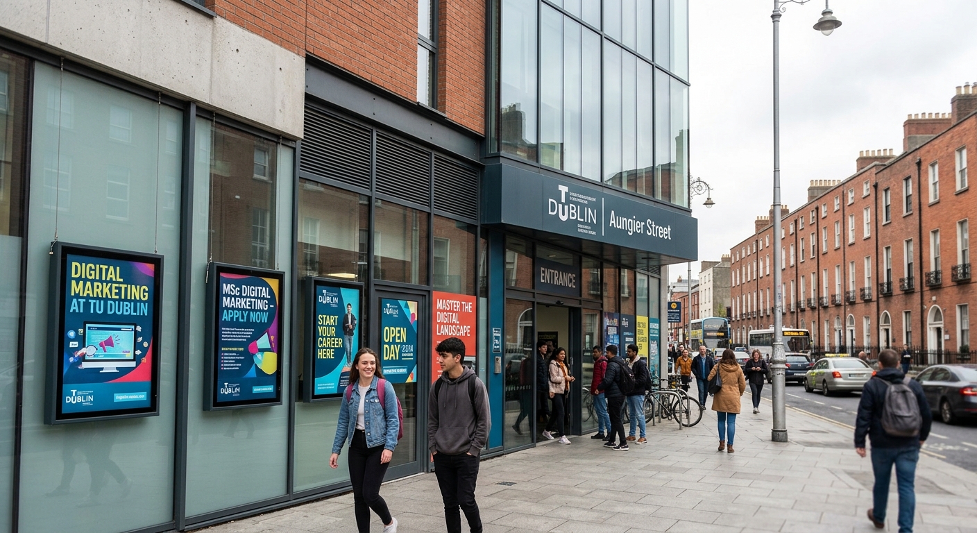 Modern TU Dublin Aungier Street campus building in Dublin city centre, students walking near entrance with digital marketing posters, Georgian architecture in background, bright overcast Irish sky