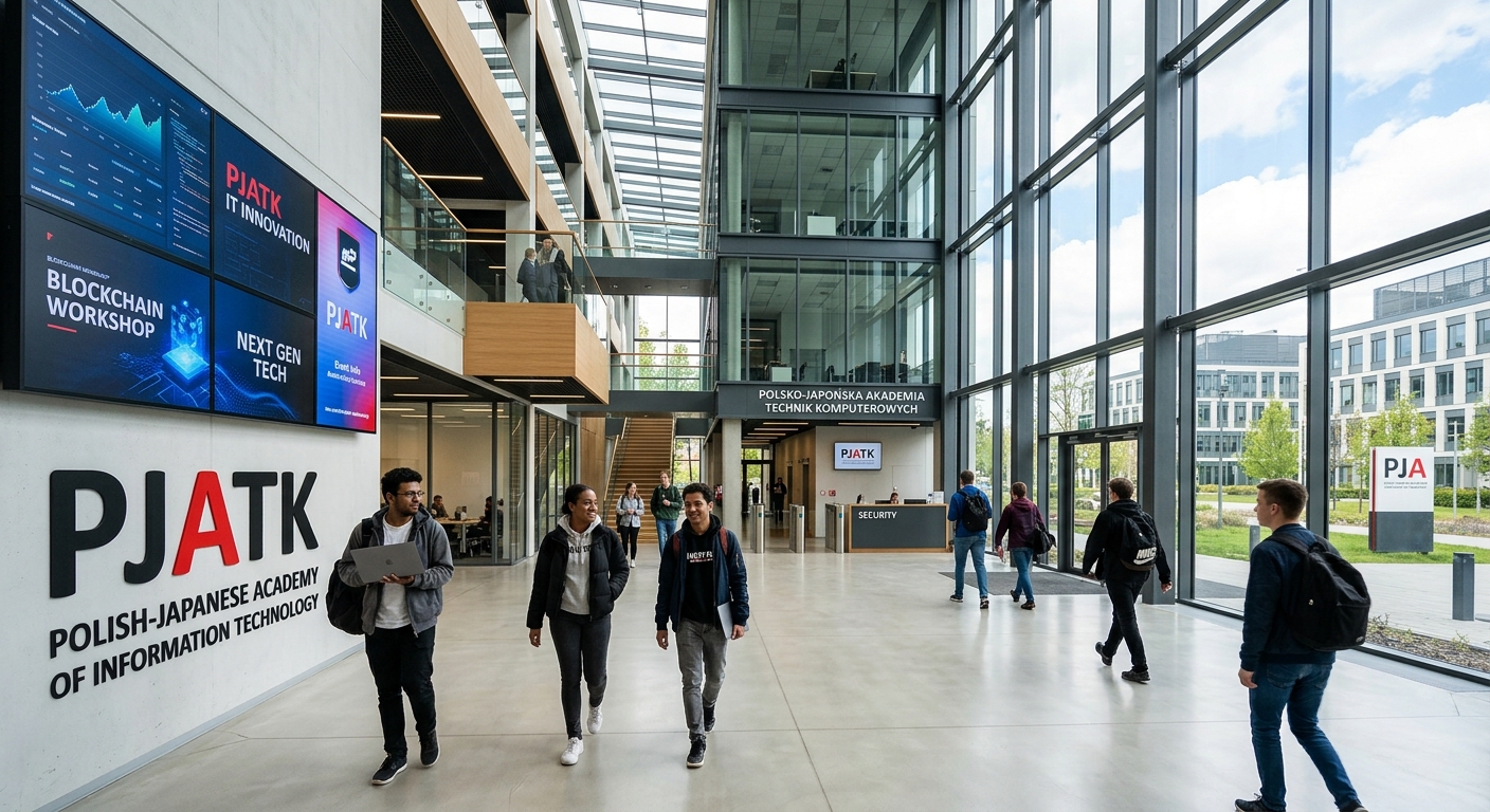 Modern campus building of the Polish-Japanese Academy of Information Technology in Warsaw, students walking through a contemporary entrance hall with glass facades, digital screens displaying technology content, bright daylight
