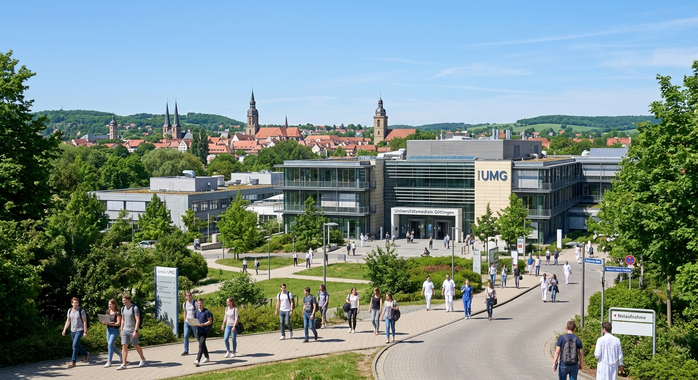 University Medical Center Göttingen modern building exterior with glass facade, medical research campus surrounded by green trees, students walking along pathways, clear sky over historic German university town